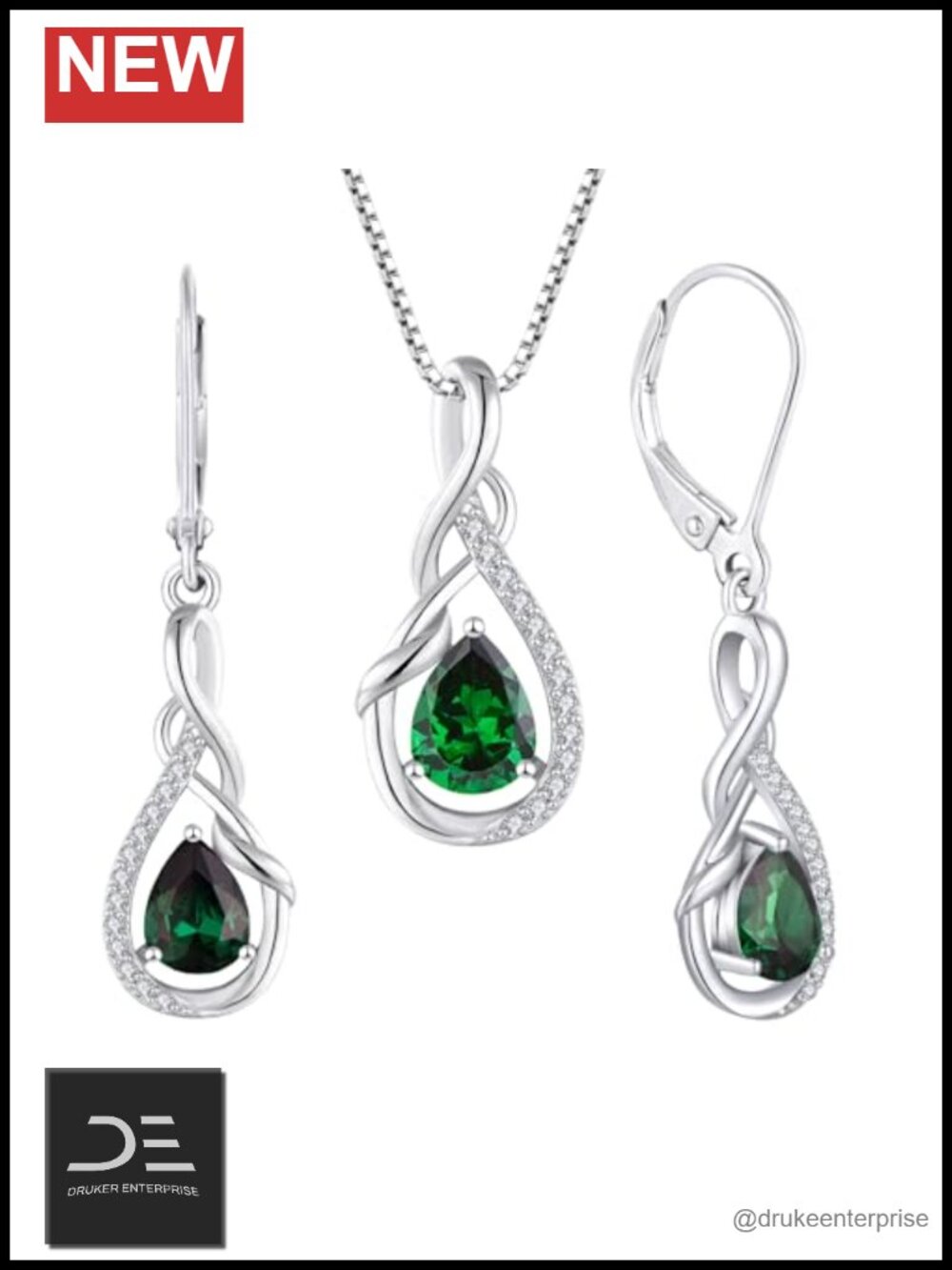 925 Sterling Silver Rhodium Plated Emerald Jewelry Set Necklace Earrings